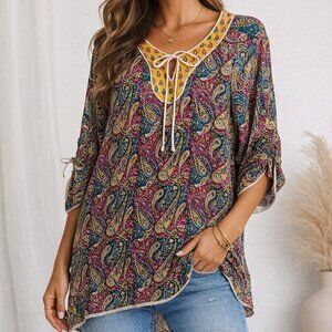 Tolani Paisley Silk Tunic Top Size Small Jewel Tones 3/4 Sleeves Embroidery Boho